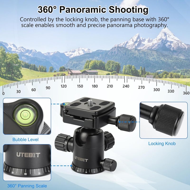 UTEBIT 40MM Metal Tripod Ball Head with Camera Quick Release Plate Swivel 360° Camera Ball Mount 22lbs/10kg Load for 1/4" Tripod Monopod DSLR - Image 5